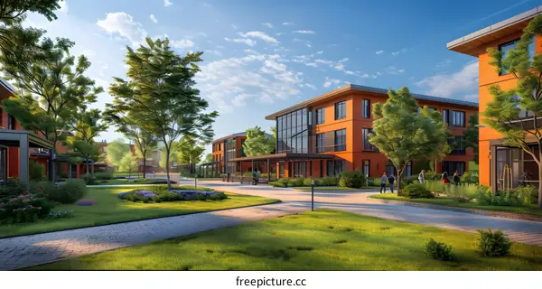 Courtyard of a modern apartment complex with brick buildings, green lawns, and a walking path