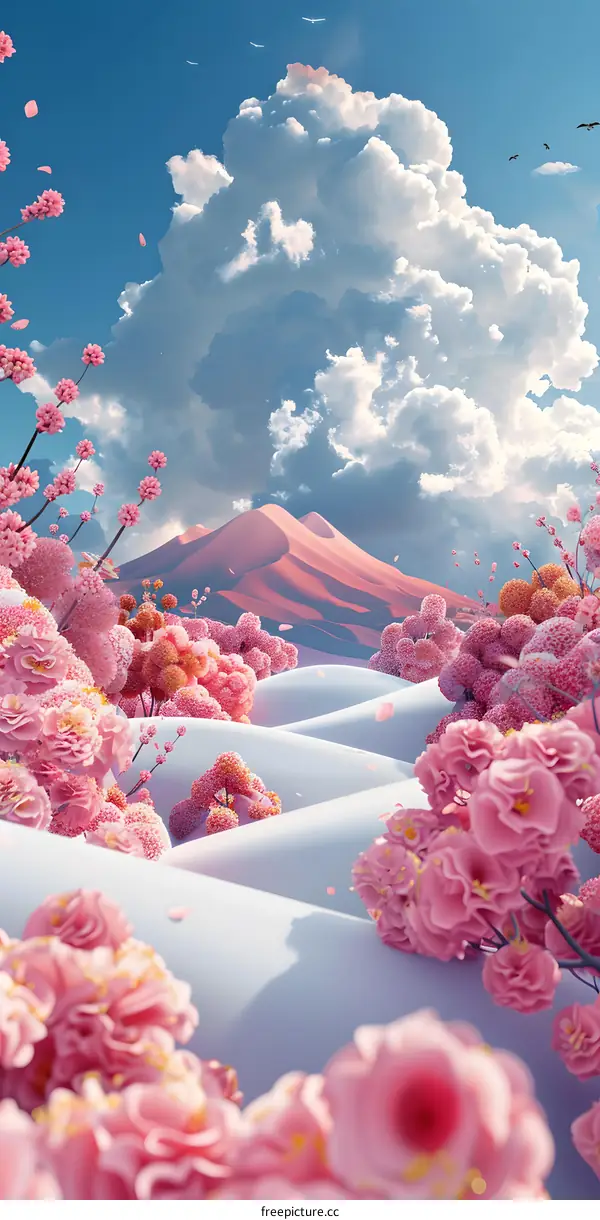 Pink cherry blossoms blooming on a snowy mountain