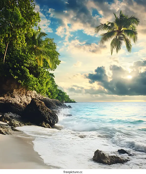 Tropical Beach Sunset with Palm Trees and Cloudy Sky