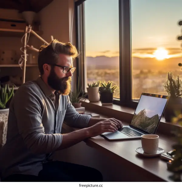 Man working on laptop in home office with sunset in the background