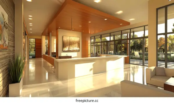 Modern Lobby Interior Design with Large Windows