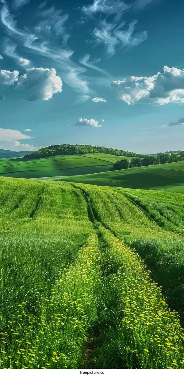 Rolling Green Hills Under a Blue Sky