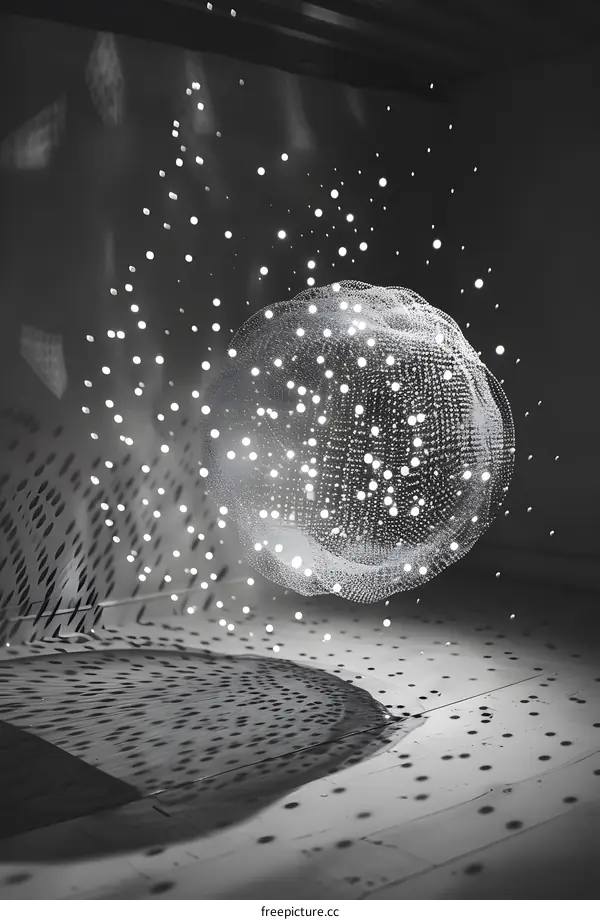 Abstract Black and White Photo of a Sphere Made of Light with a Shadow on the Floor