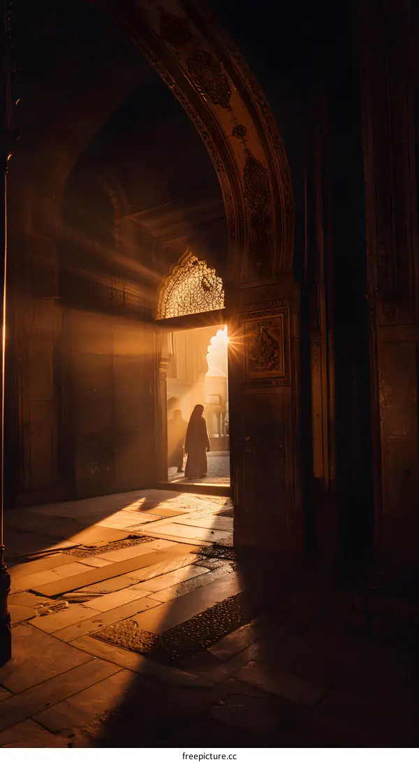Golden Light Streaming Through Archway of Old Building