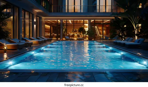 A swimming pool shines under the night