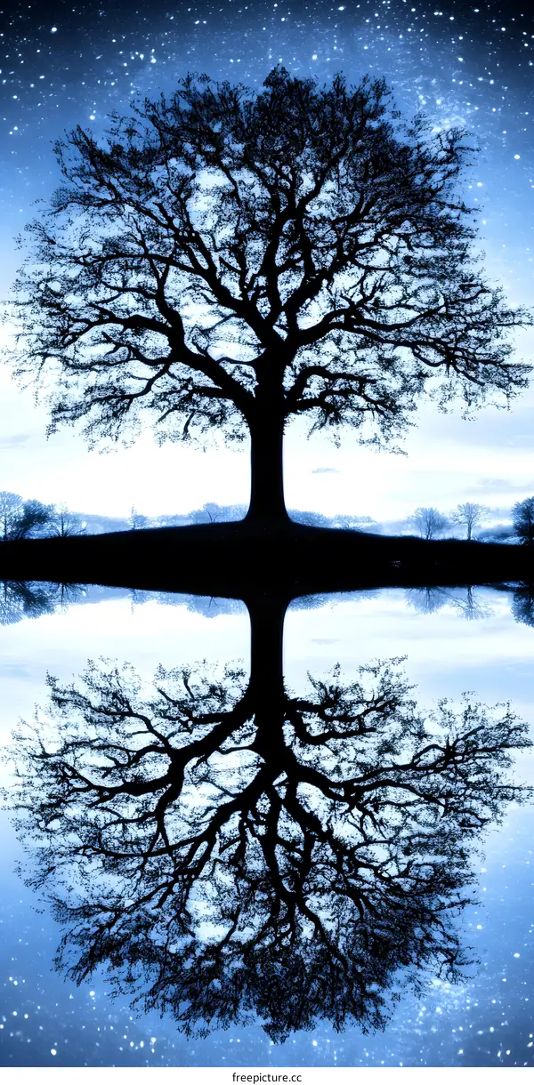 Silhouette of a Tree Reflected in Water Under a Starry Sky