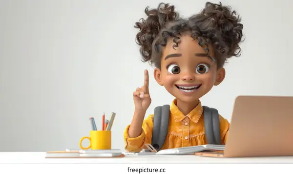 Illustration of a young girl sitting at a desk and holding a pencil while pointing at something