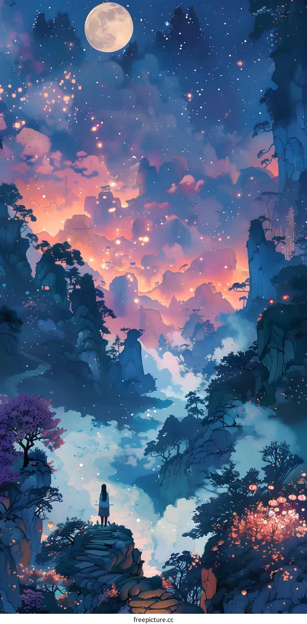 girl standing on a cliff looking at the beautiful scenery of mountains and rivers under the moonlight