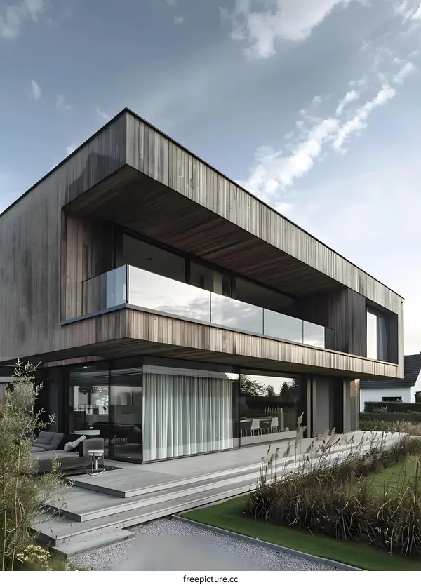 Modern Wooden House with Large Windows and Balcony