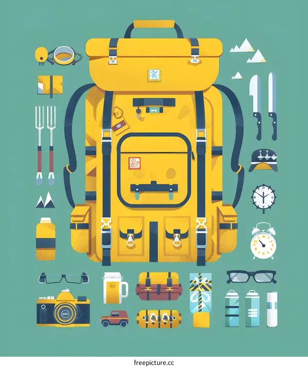 Yellow Backpack Illustration With Various Camping Gear