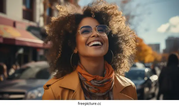 A young woman with curly hair smiles happily while walking down a city street