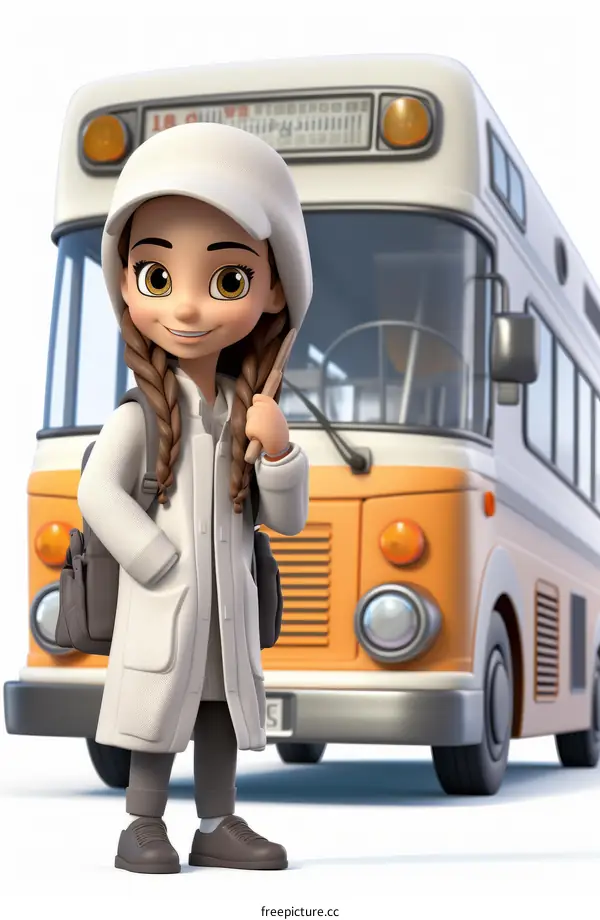 A cartoon girl standing in front of a school bus