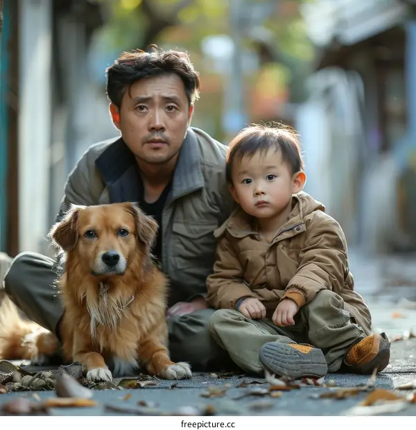A father and his son sitting on the ground with a dog