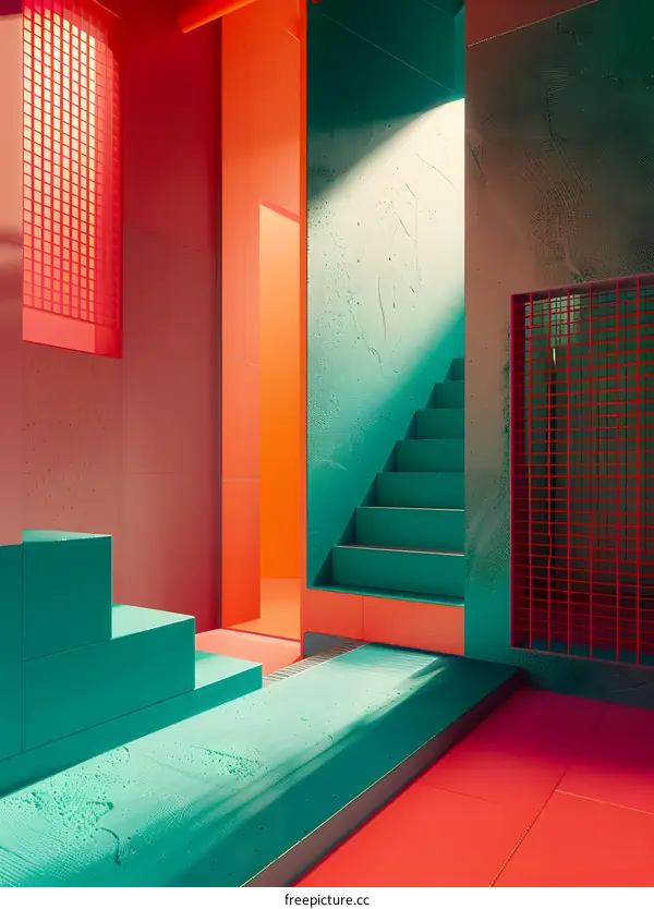 Abstract Minimalist 3D Render of a Room with Bright Colors and Geometric Shapes