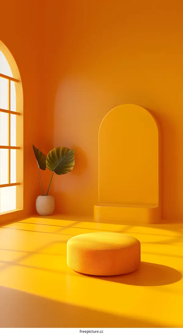 3D rendering of an empty room with a podium and a plant