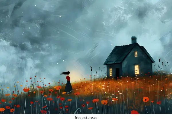 girl standing in a field of flowers looking at a house