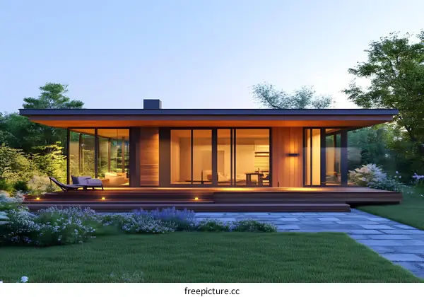 Modern Minimalist Wooden House Design With Large Windows And Outdoor Patio