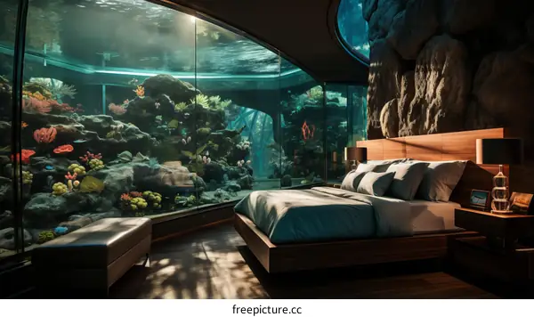 Amazing bedroom with a huge aquarium