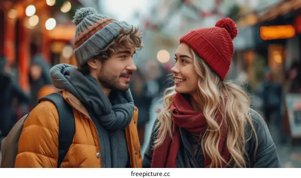 A young couple is smiling at each other on a city street.