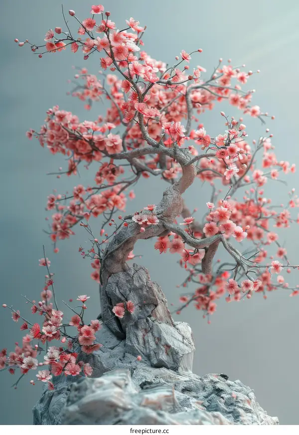 Delicate Pink Cherry Blossoms on a Gnarled Branch