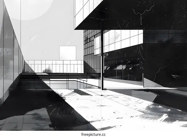 Black and White Illustration of Modern Architecture with Geometric Shapes