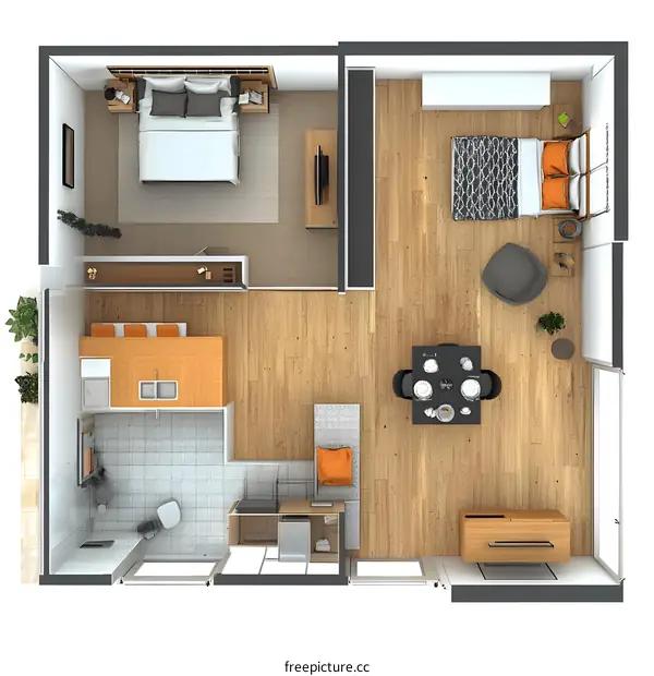 Top View Floor Plan of Modern Apartment with Kitchen, Living Room and Bedrooms