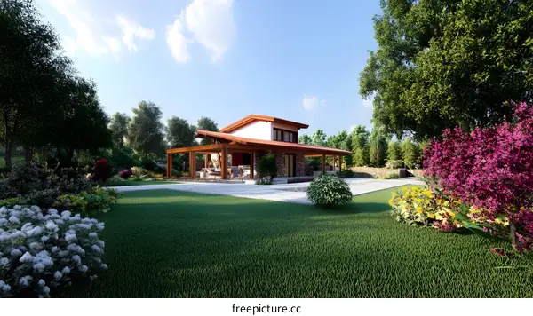 Modern Home With Stone Walls and Wooden Beams in a Lush Garden