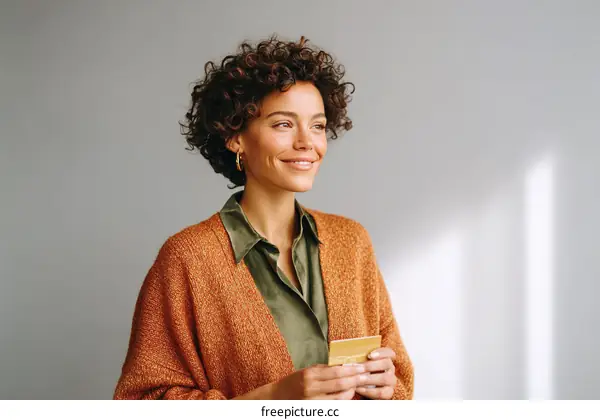 Smiling Woman Holding Credit Card in Studio Setting