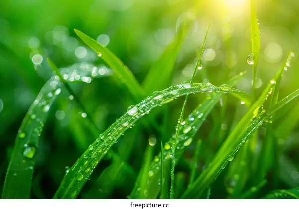 Dew Drops on Green Grass with Sun Bokeh