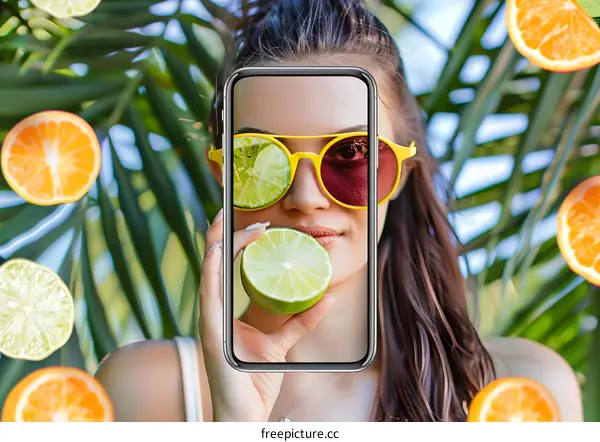 Woman Holding a Phone with a Lime in Front of Her Face