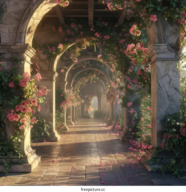 Stone Pathway with Arches and Pink Flowers in a Beautiful Garden