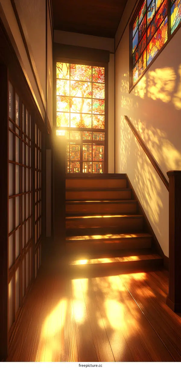 Sunlight Streaming Through Stained Glass Window In Japanese Style House