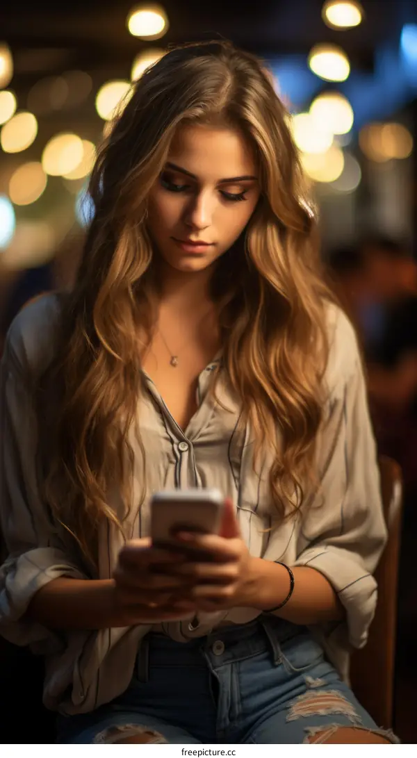 Young woman looking at her phone in a bar