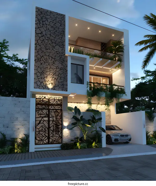 Modern Three Story House with Stone Wall and Garden Design