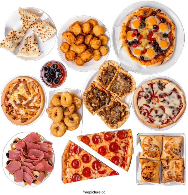 [Transparent Background PNG]Variety of Pizza, Appetizers, and Snacks on White Background