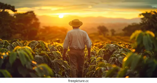 A farmer walks through a coffee plantation at sunset