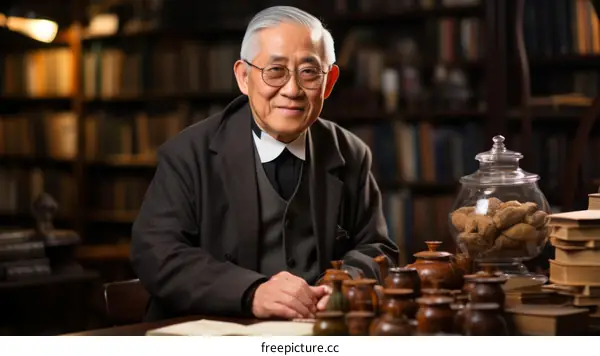 Portrait of a smiling elderly Chinese man in a library