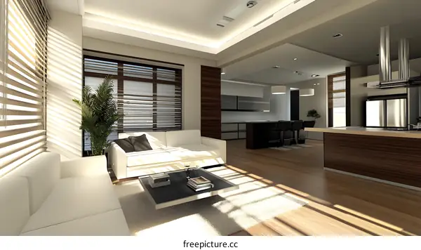 Modern Living Room Interior Design with White Sofa and Wooden Floor