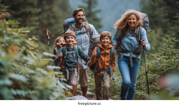 Happy family of five hiking in the mountains
