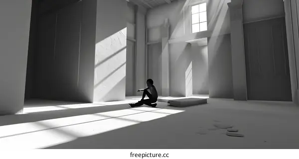 Silhouette of a Woman Sitting in a Large Empty Hallway