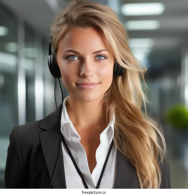 portrait of a beautiful blonde woman wearing a suit and headphones