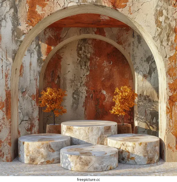 Orange and gray podiums in an archway with autumn trees
