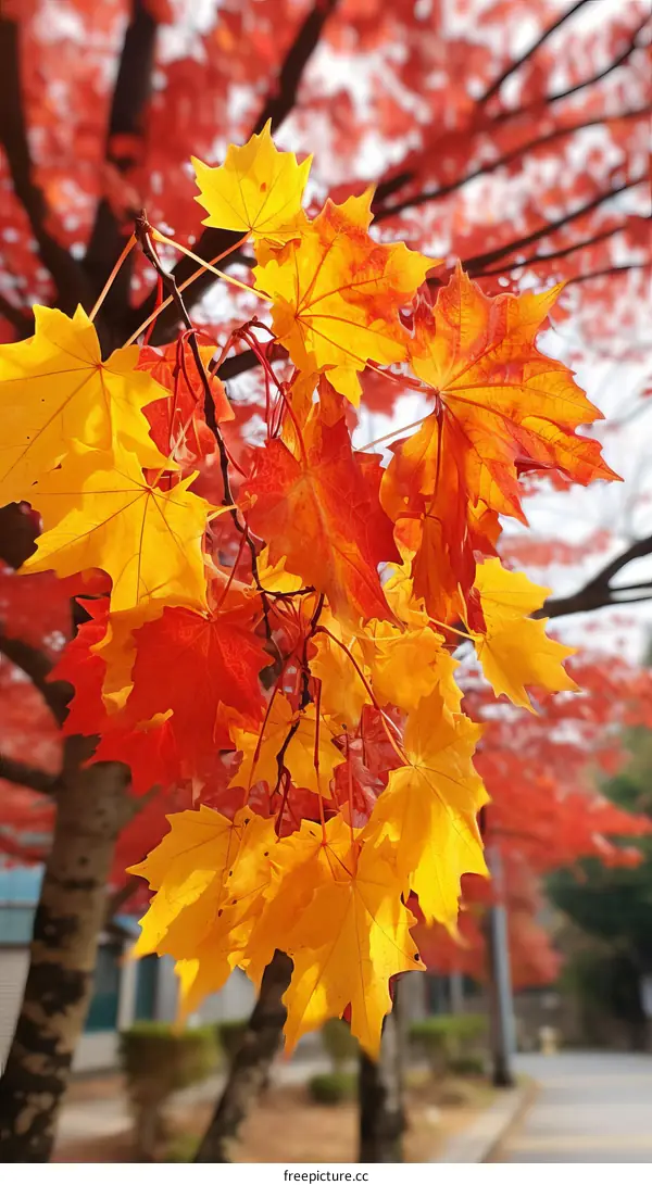 A branch of red and yellow maple leaves in autumn