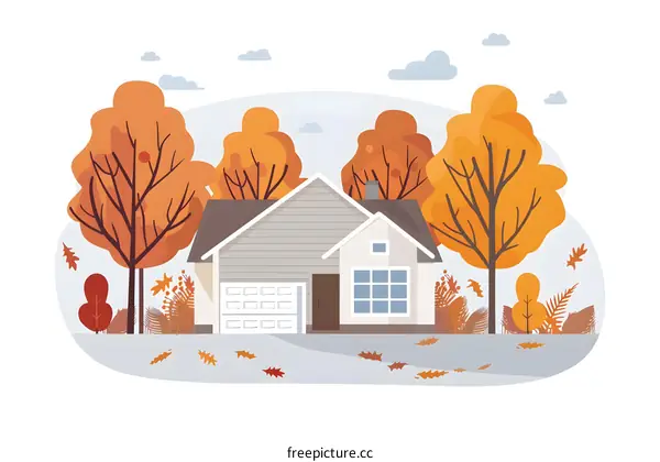 Autumn House Illustration With Trees