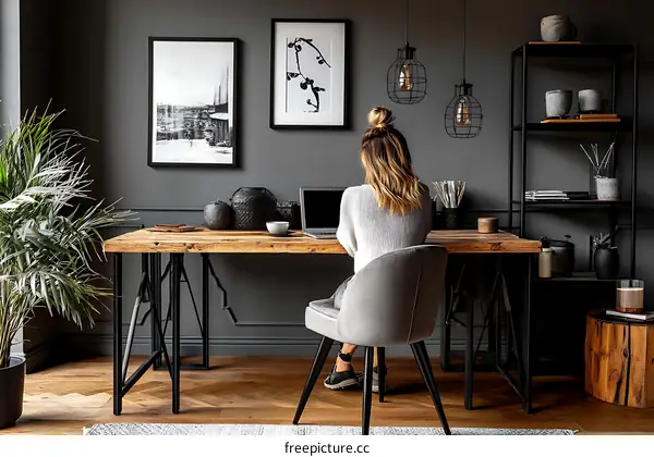 Modern Home Office with Woman Working