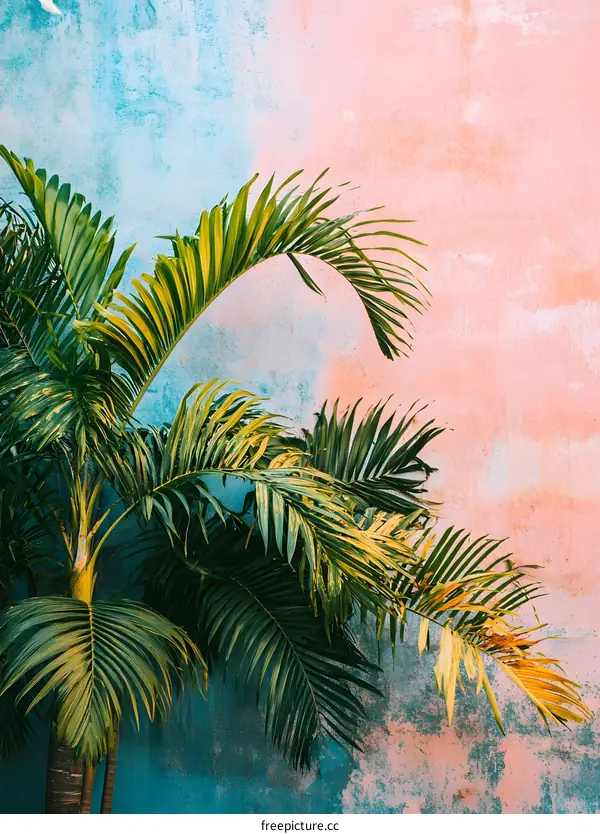 Tropical Palm Tree Leaves Against Blue and Pink Wall