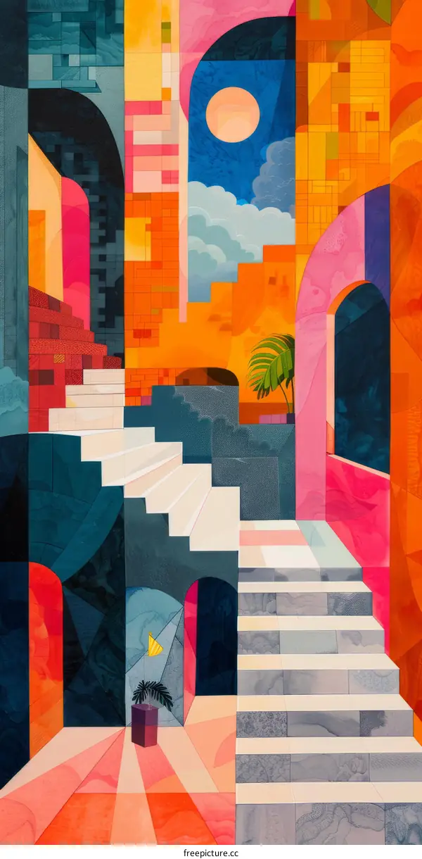 A colorful illustration of a city with stairs, buildings, and a blue sky