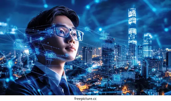 Asian Man in Business Suit with Augmented Reality City View