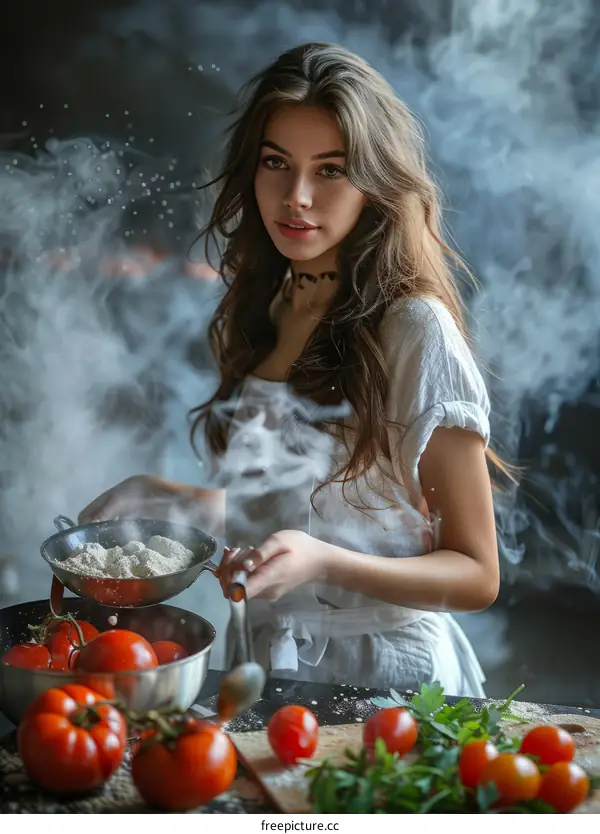 Young woman in a white dress is cooking in the kitchen