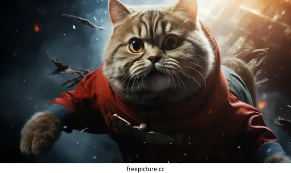 Superhero Cat Soaring Through a Stormy Sky